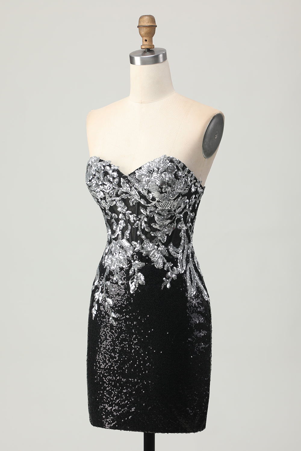 Sparkly Black Silver Sweetheart Tight Short Homecoming Dress with Sequins