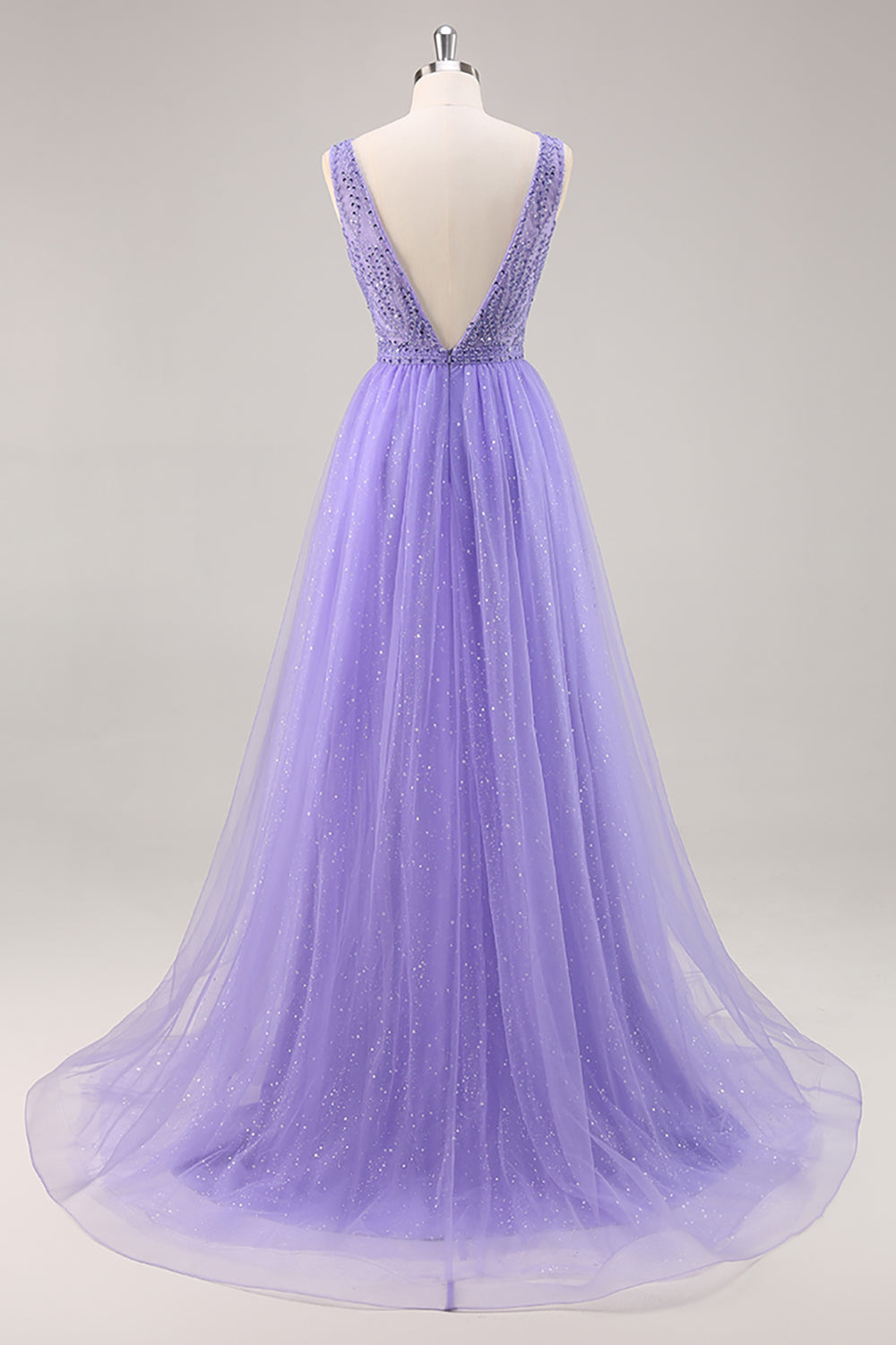 Sparkly Purple Beaded V-Neck A Line Long Prom Dress