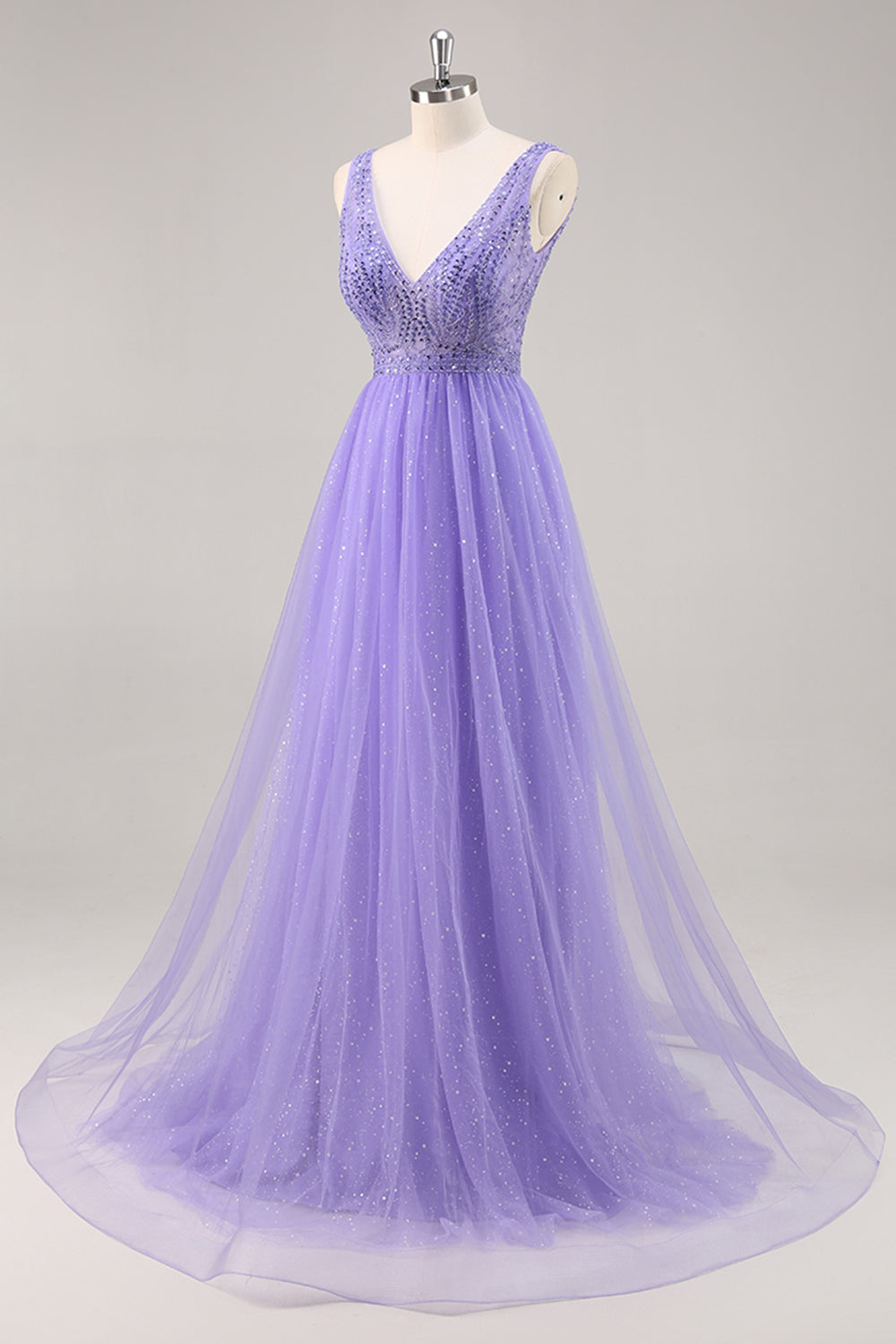Sparkly Purple Beaded V-Neck A Line Long Prom Dress