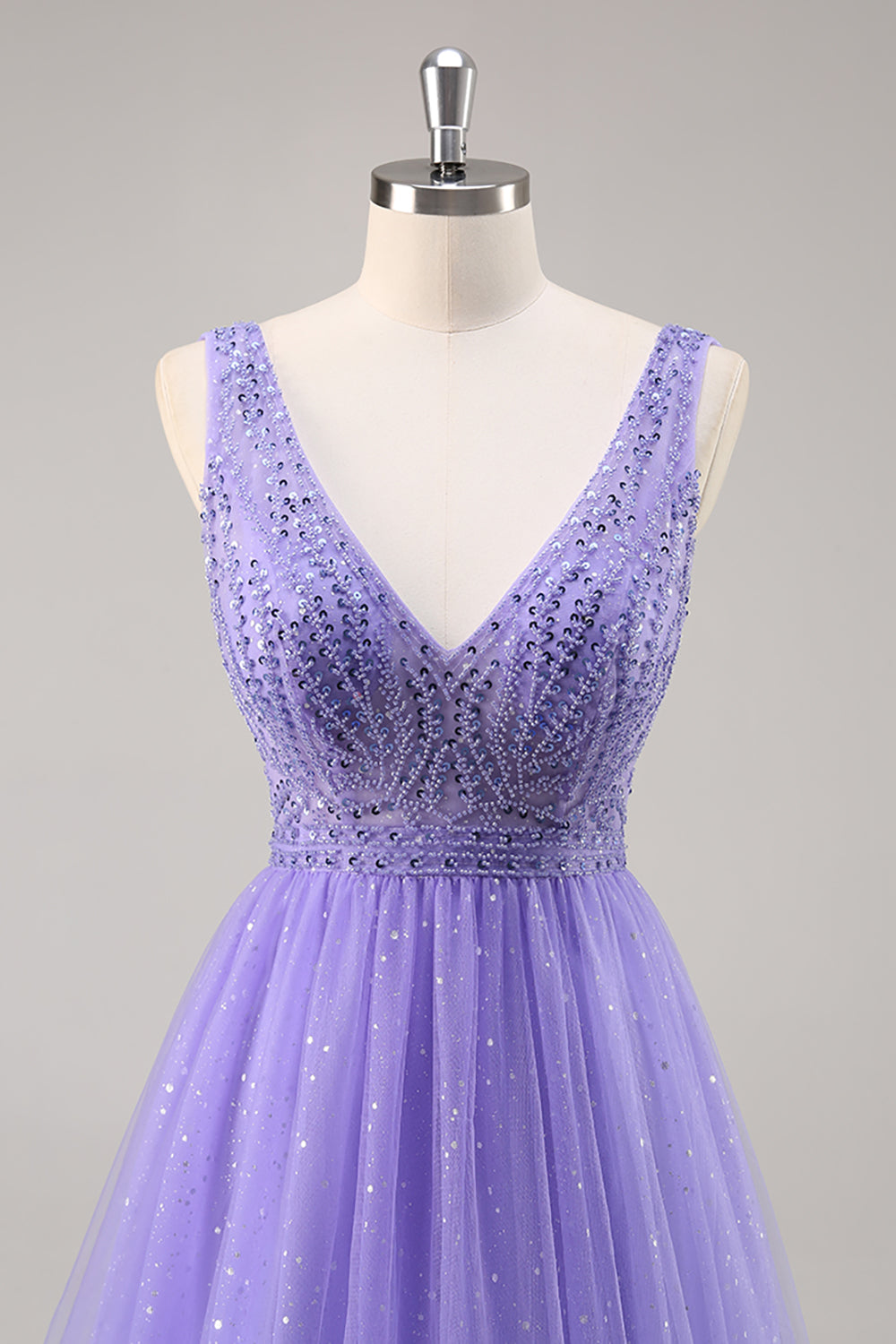 Sparkly Purple Beaded V-Neck A Line Long Prom Dress