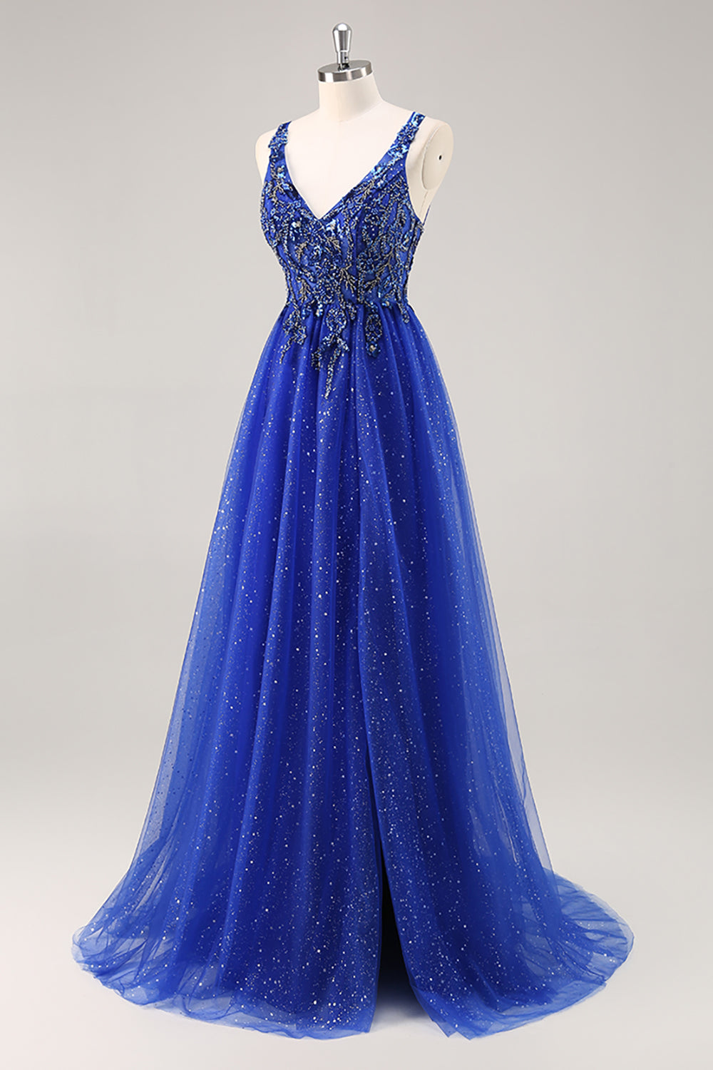 Sparkly Royal Blue Beaded Corset V-Neck Long Prom Dress with Slit