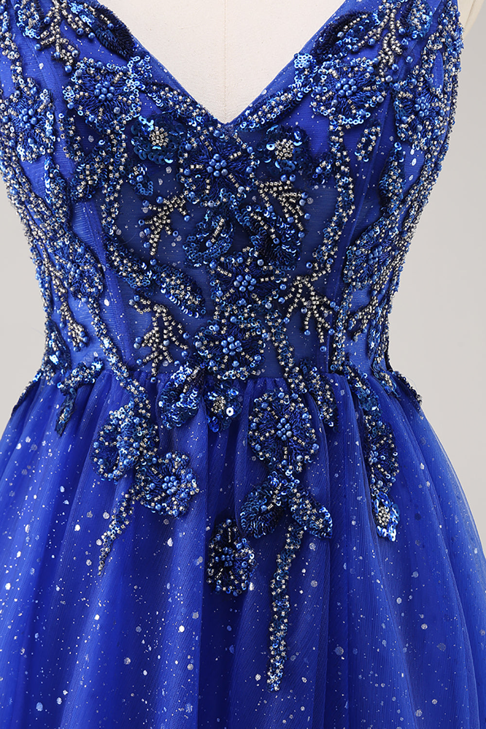 Sparkly Royal Blue Beaded Corset V-Neck Long Prom Dress with Slit