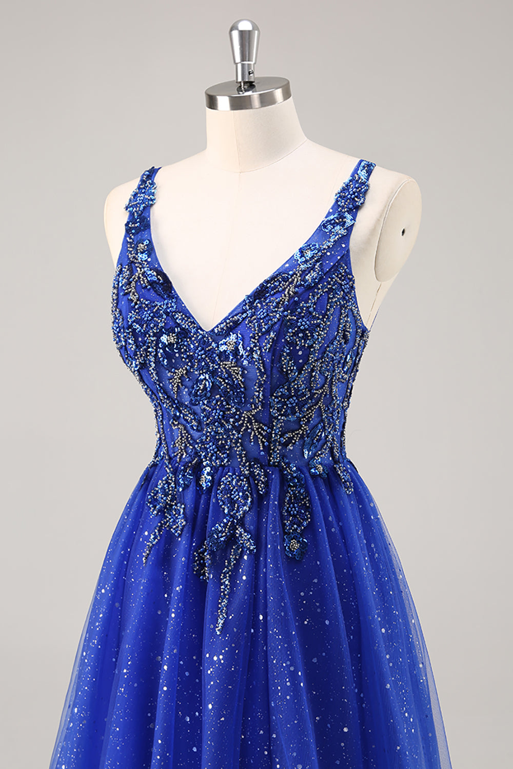 Sparkly Royal Blue Beaded Corset V-Neck Long Prom Dress with Slit
