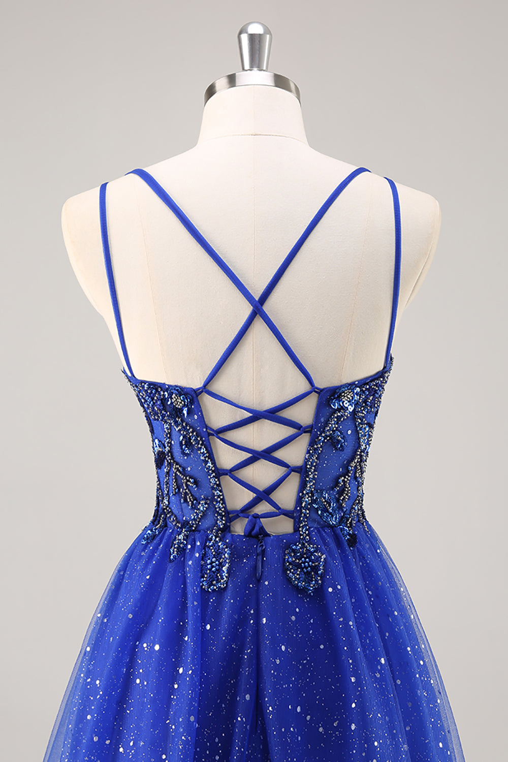 Sparkly Royal Blue Beaded Corset V-Neck Long Prom Dress with Slit