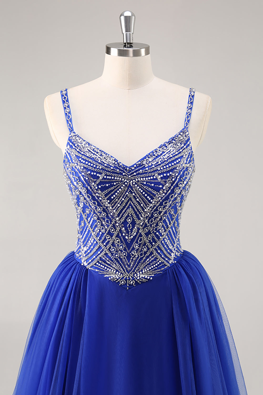 Sparkly Royal Blue Spaghetti Straps Beaded Long Prom Dress