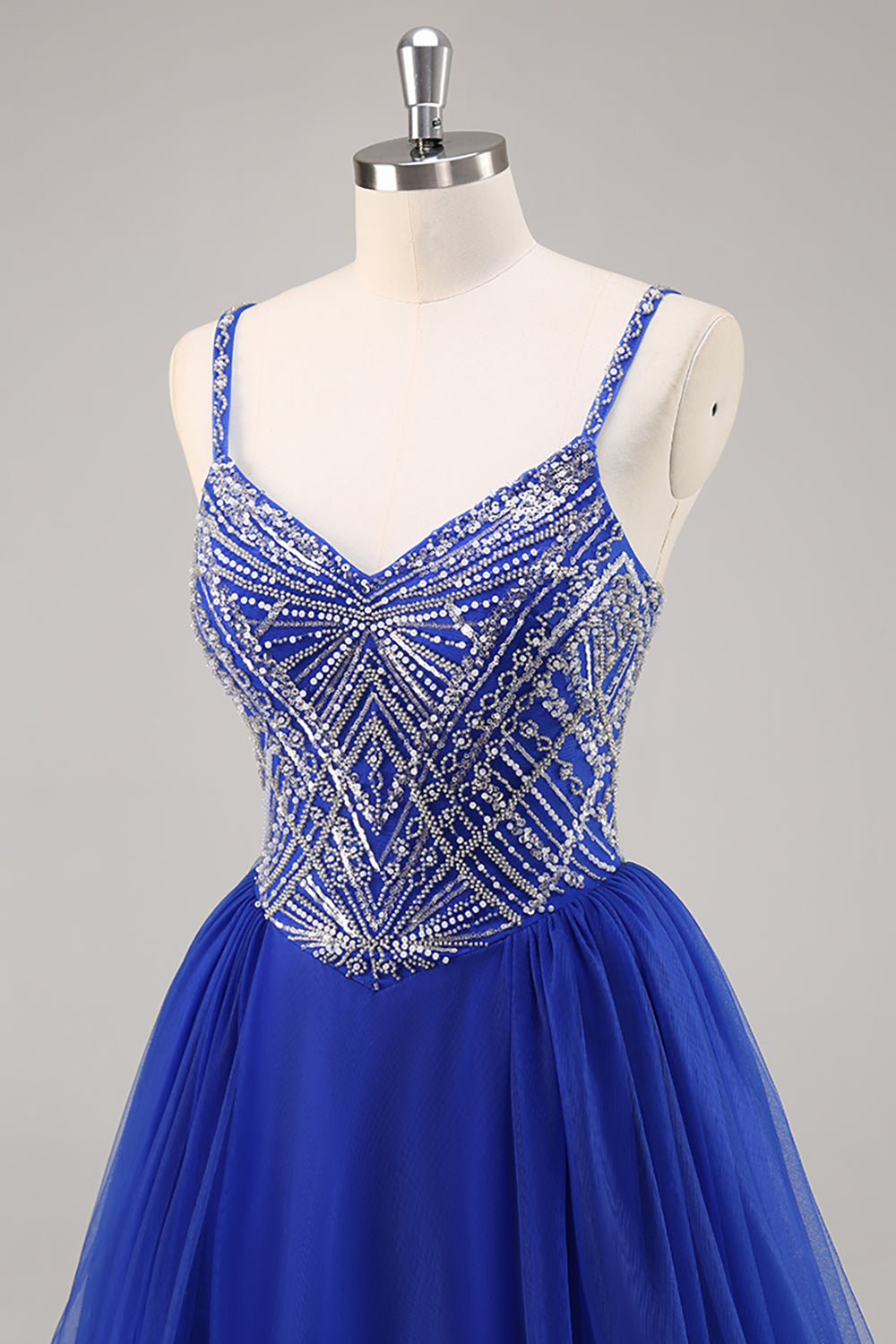 Sparkly Royal Blue Spaghetti Straps Beaded Long Prom Dress