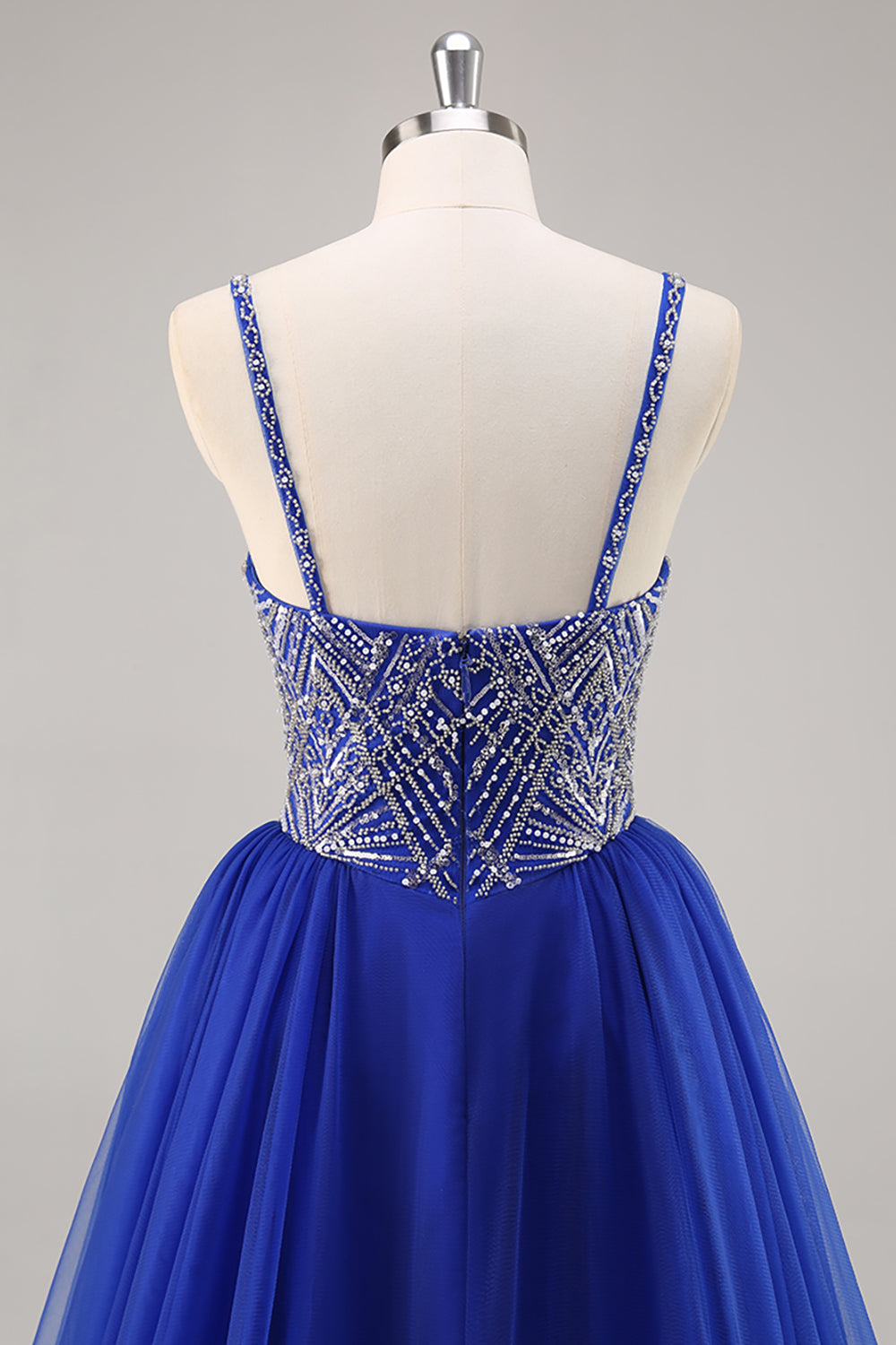 Sparkly Royal Blue Spaghetti Straps Beaded Long Prom Dress