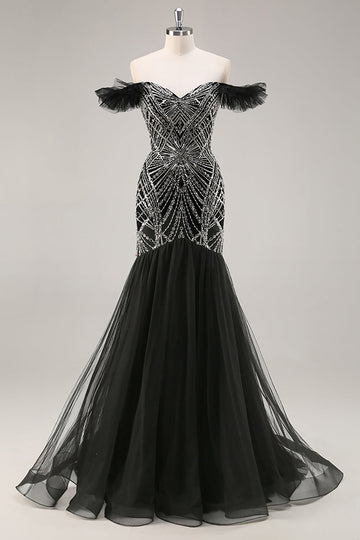 Sparkly Black Beaded Off the Shoulder Mermaid Long Prom Dress