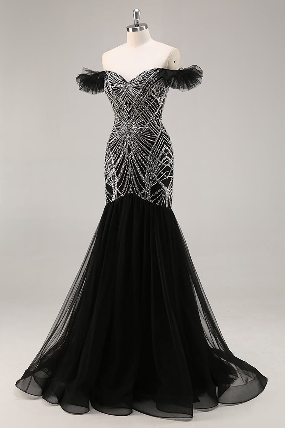 Sparkly Black Beaded Off the Shoulder Mermaid Long Prom Dress