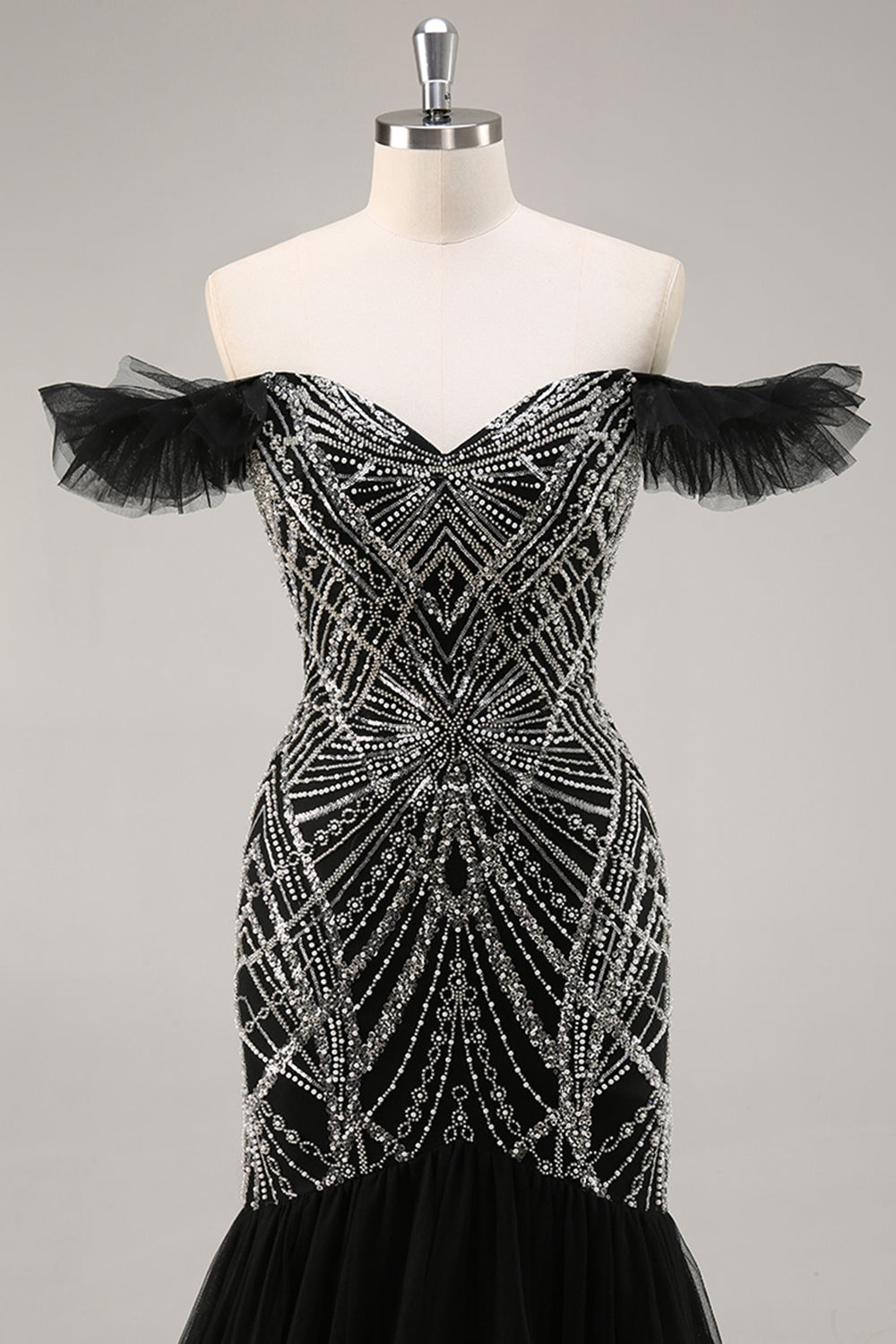 Sparkly Black Beaded Off the Shoulder Mermaid Long Prom Dress