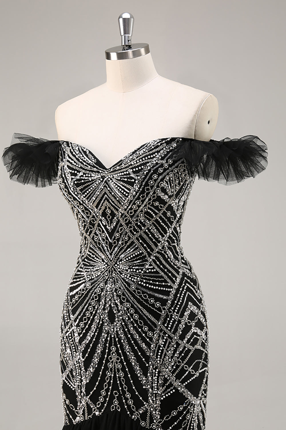 Sparkly Black Beaded Off the Shoulder Mermaid Long Prom Dress
