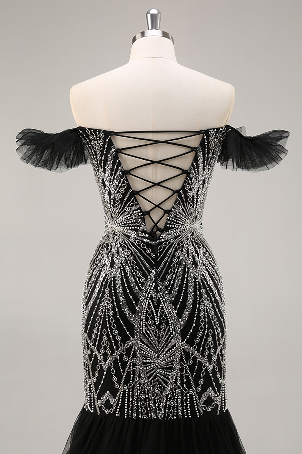 Sparkly Black Beaded Off the Shoulder Mermaid Long Prom Dress