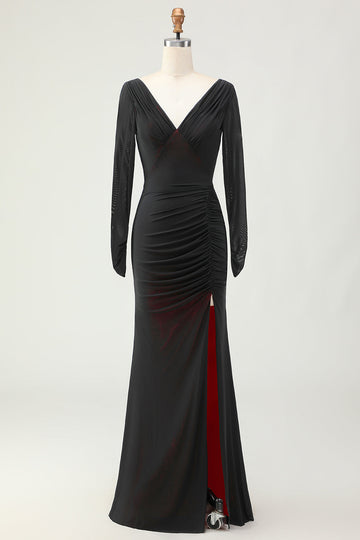 Black Red Mermaid Long Sleeves Bridesmaid Dress with Slit
