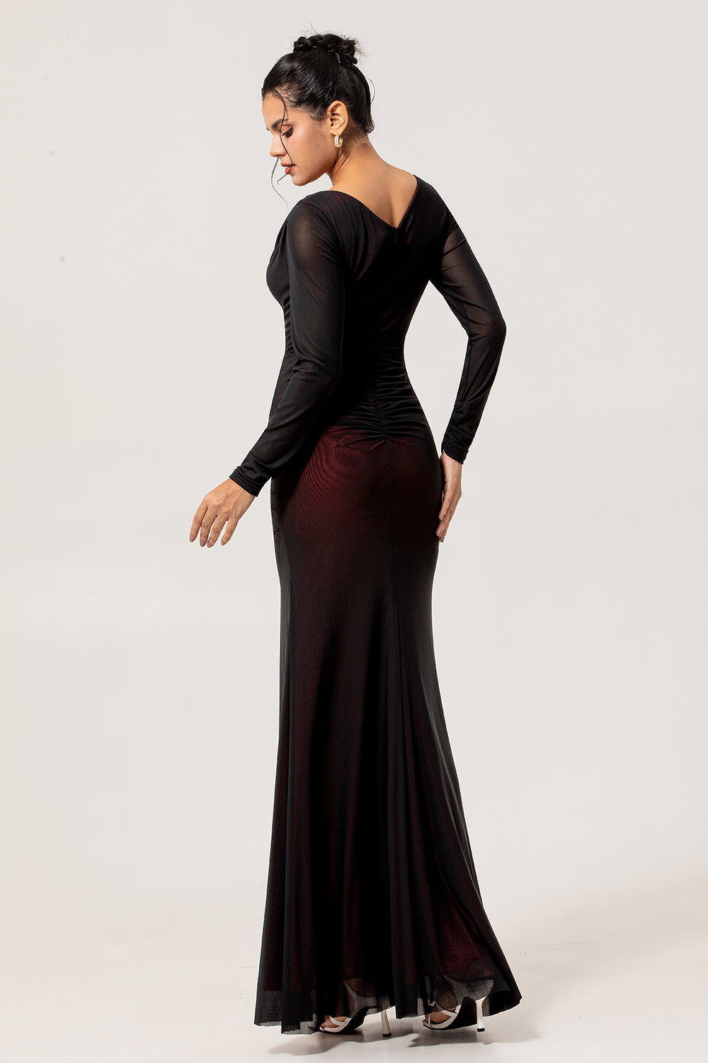 Black Red Mermaid Long Sleeves Bridesmaid Dress with Slit