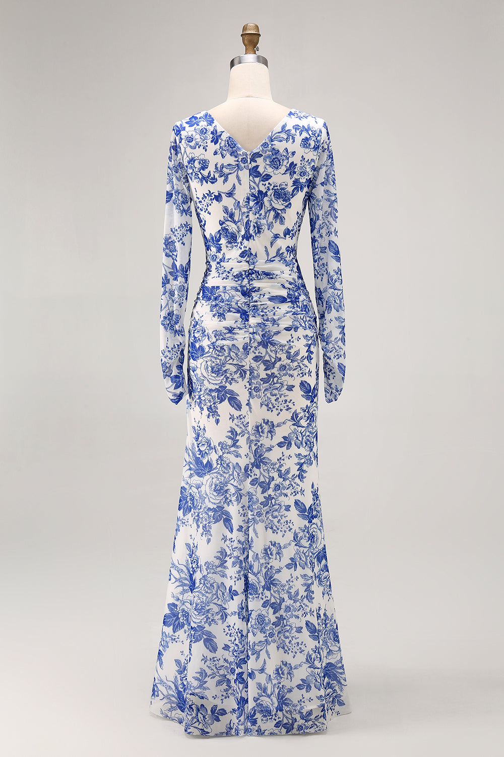 Blue V-Neck Floral Long Wedding Guest Dress with Sleeves