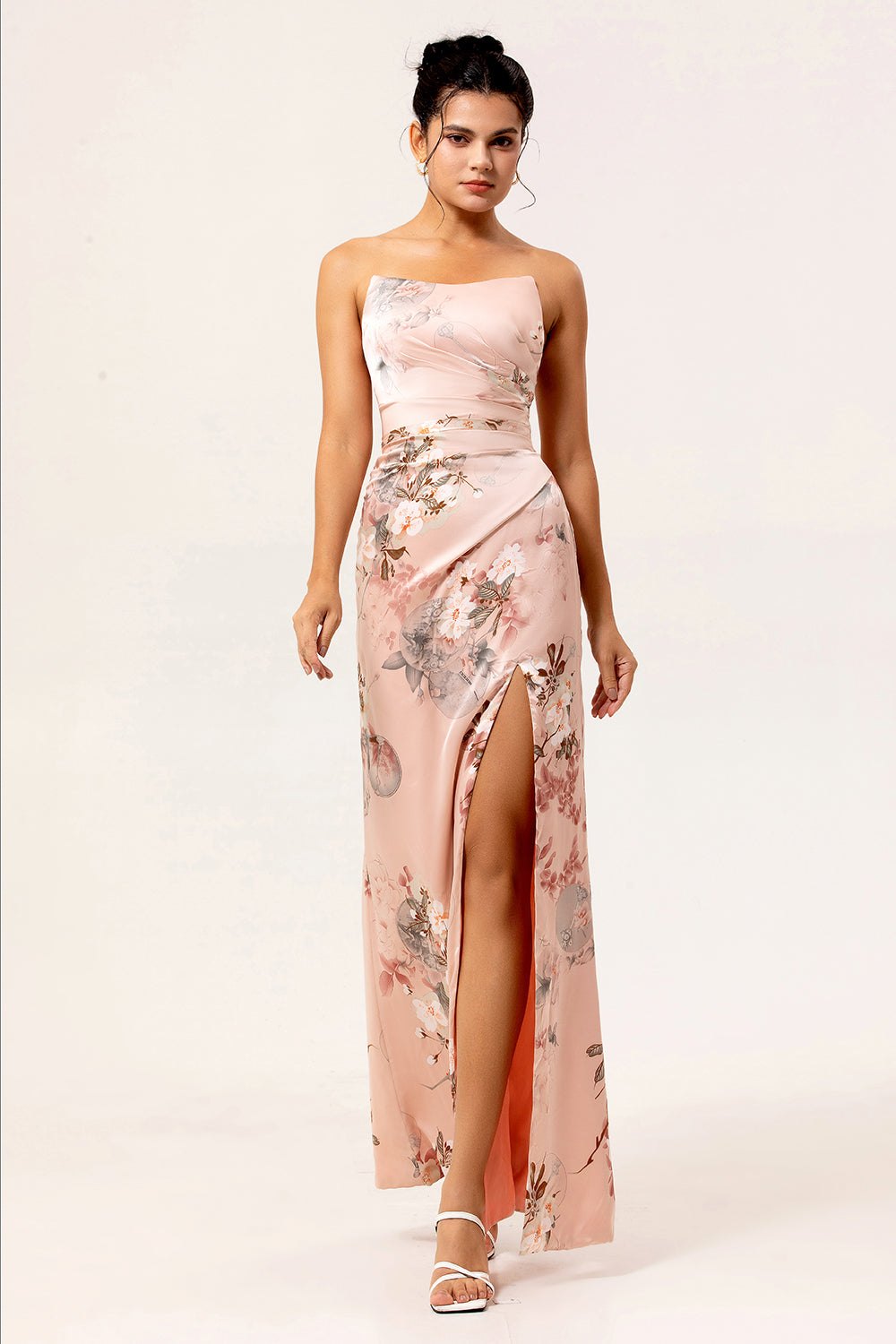 Blush Floral Satin Strapless Long Wedding Guest Dress with Slit