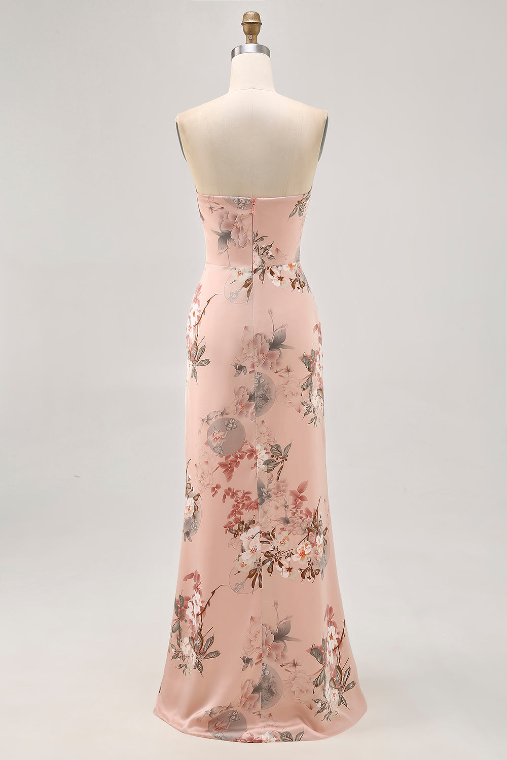 Blush Floral Satin Strapless Long Wedding Guest Dress with Slit