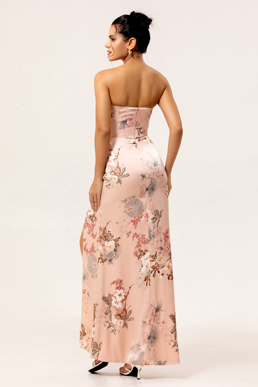 Blush Floral Satin Strapless Long Wedding Guest Dress with Slit