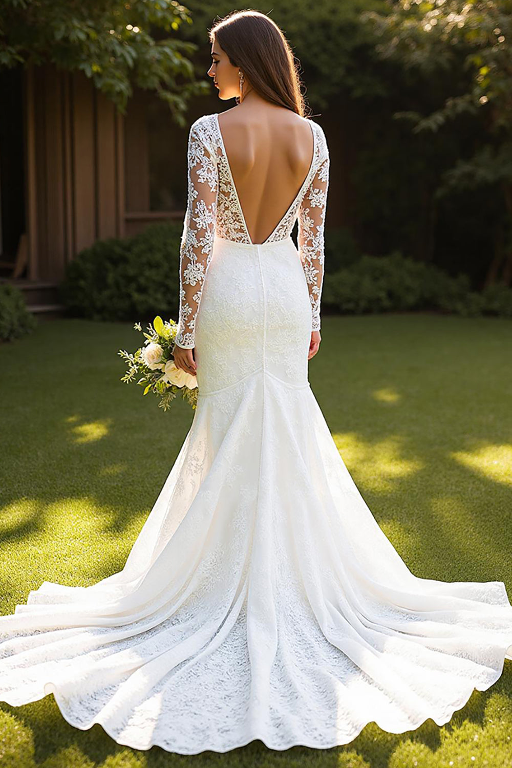 Ivory Lace Long Sleeves Mermaid Sweep Train Wedding Dress