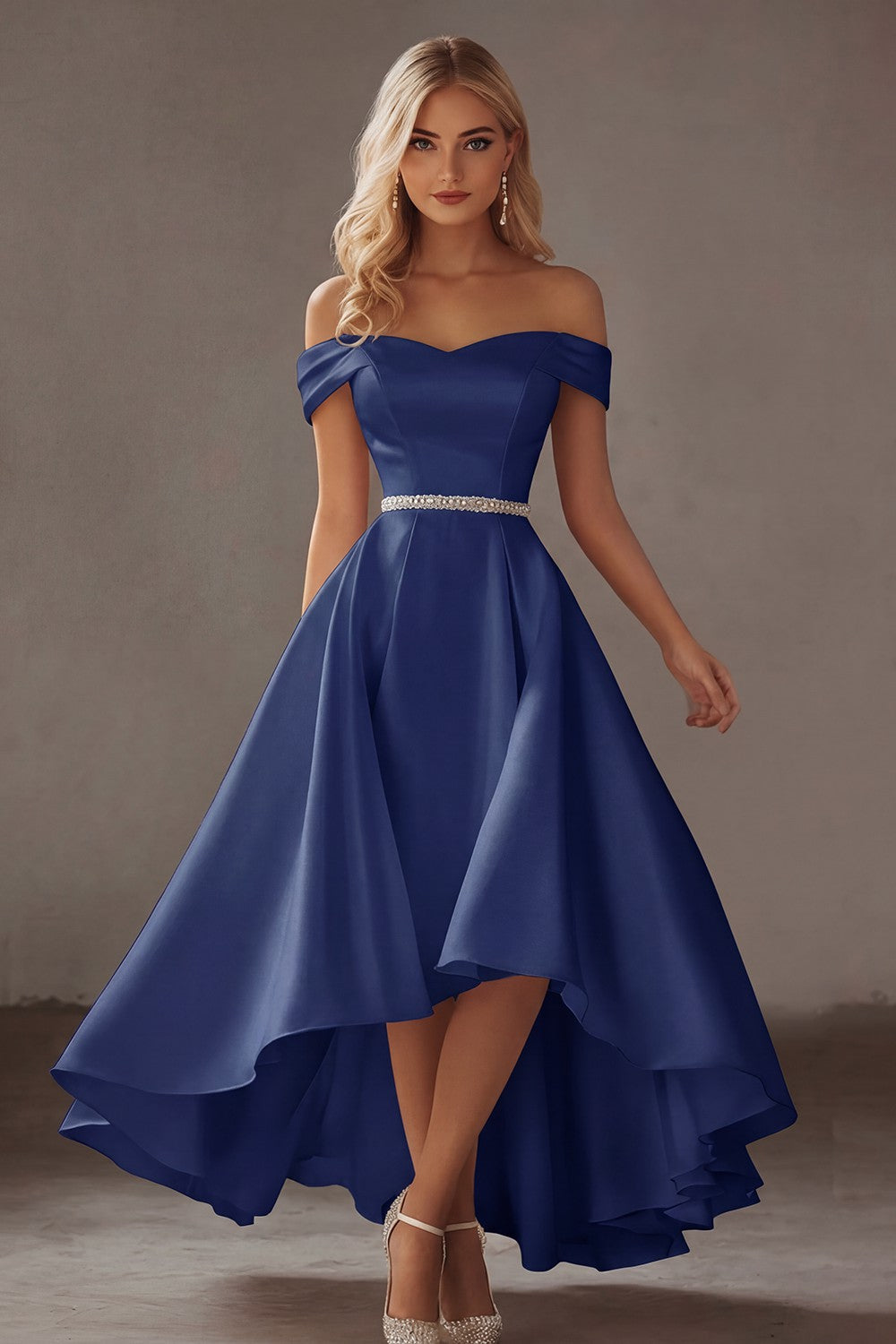 Ivory Off the Shoulder High-Low Engagement Dress with Rhinestones