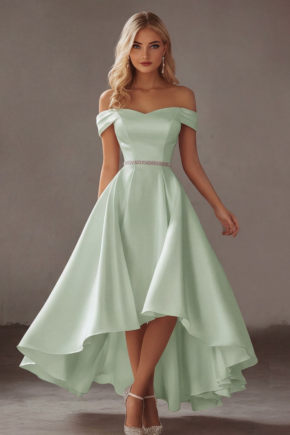 Ivory Off the Shoulder High-Low Engagement Dress with Rhinestones