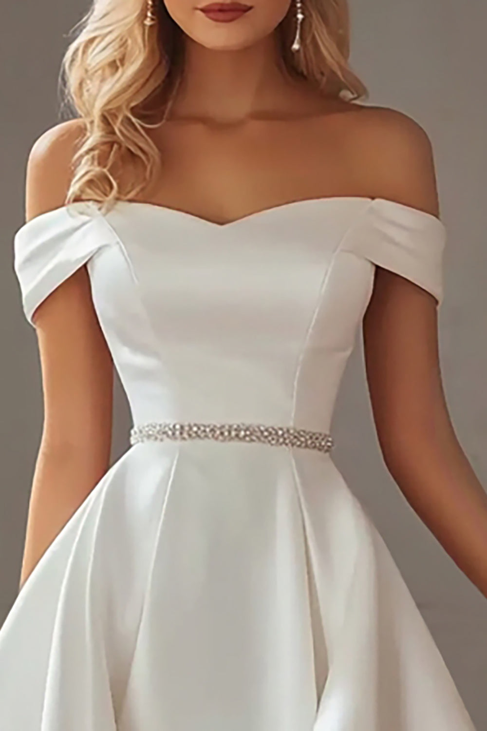 Ivory Off the Shoulder High-Low Engagement Dress with Rhinestones