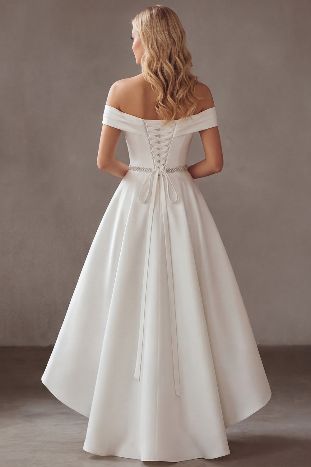 Ivory Off the Shoulder High-Low Engagement Dress with Rhinestones