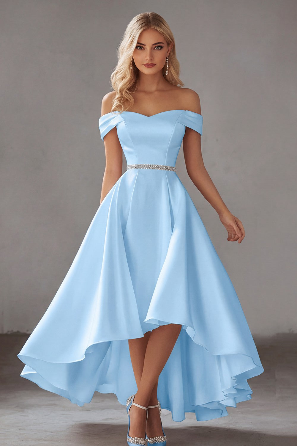 Ivory Off the Shoulder High-Low Engagement Dress with Rhinestones