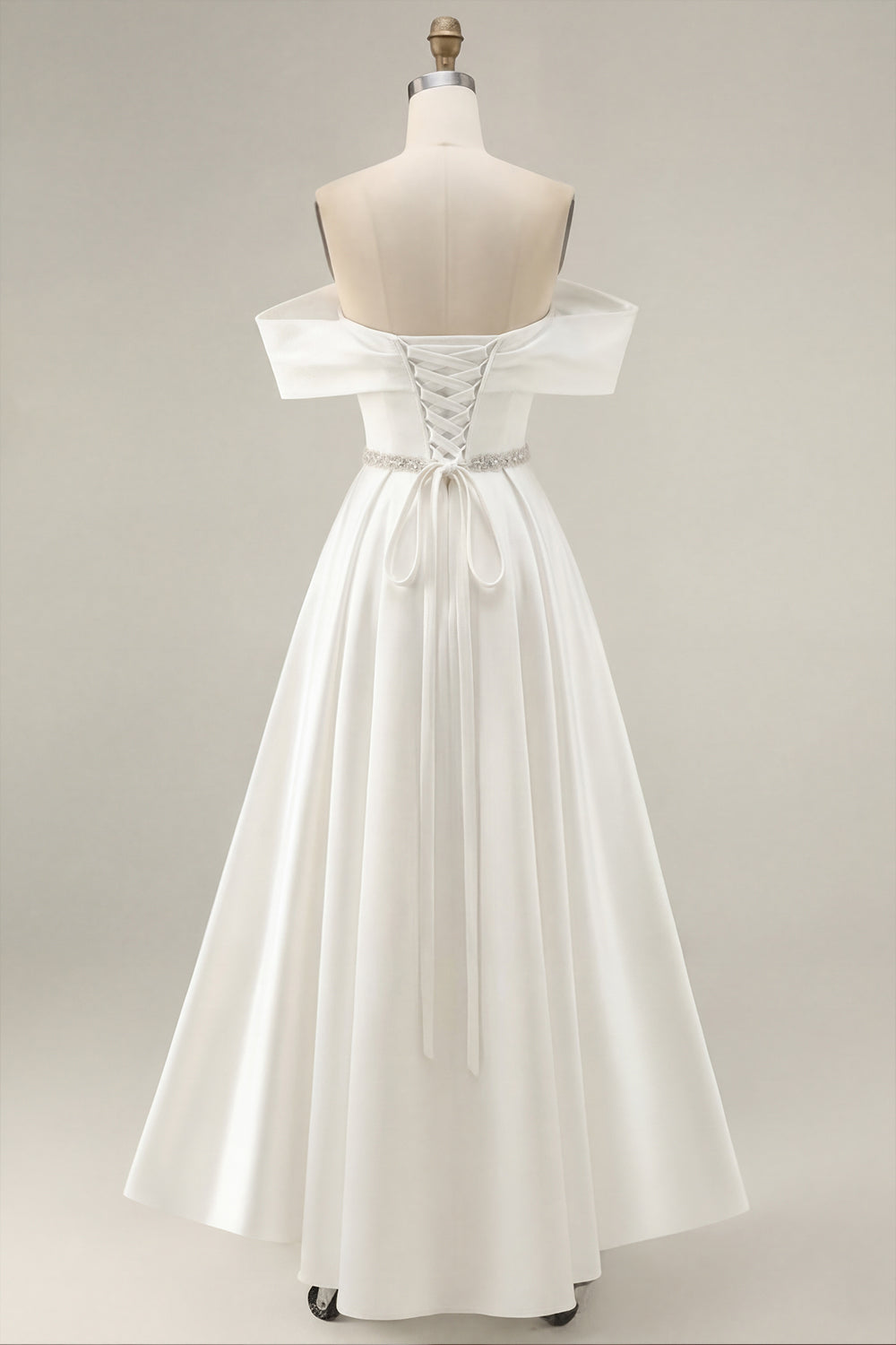 Ivory Off the Shoulder High-Low Engagement Dress with Rhinestones