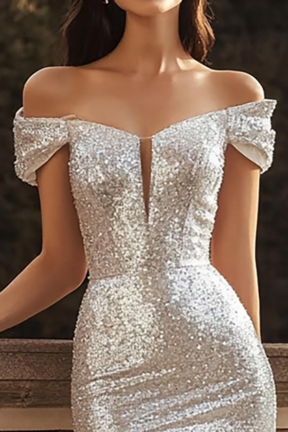 Sparkly Silver Sequins Off the Shoulder Maxi Engagement Dress with Slit