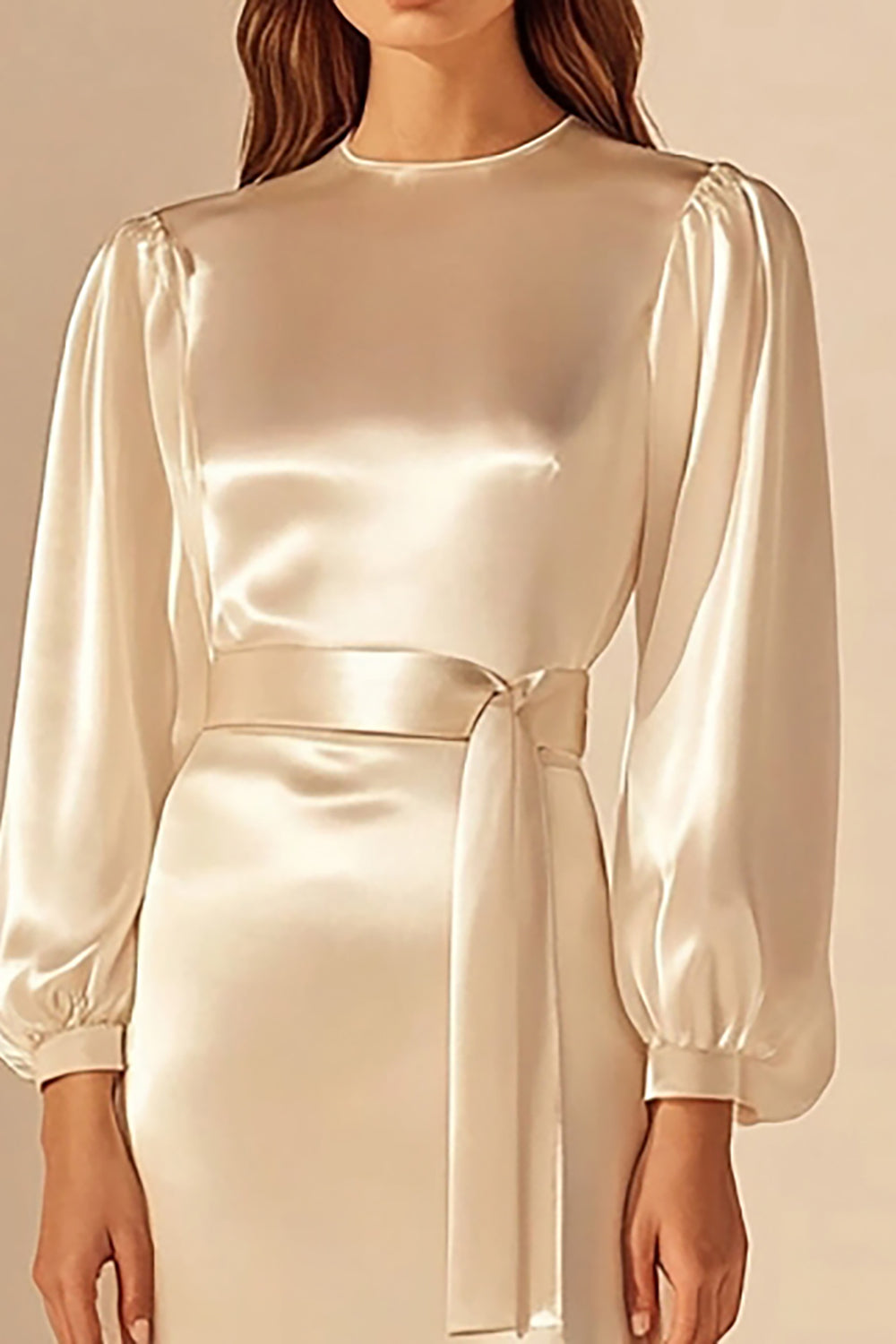 Ivory Round Neck Sheath Maxi Rehearsal Dinner Dress with Sleeves