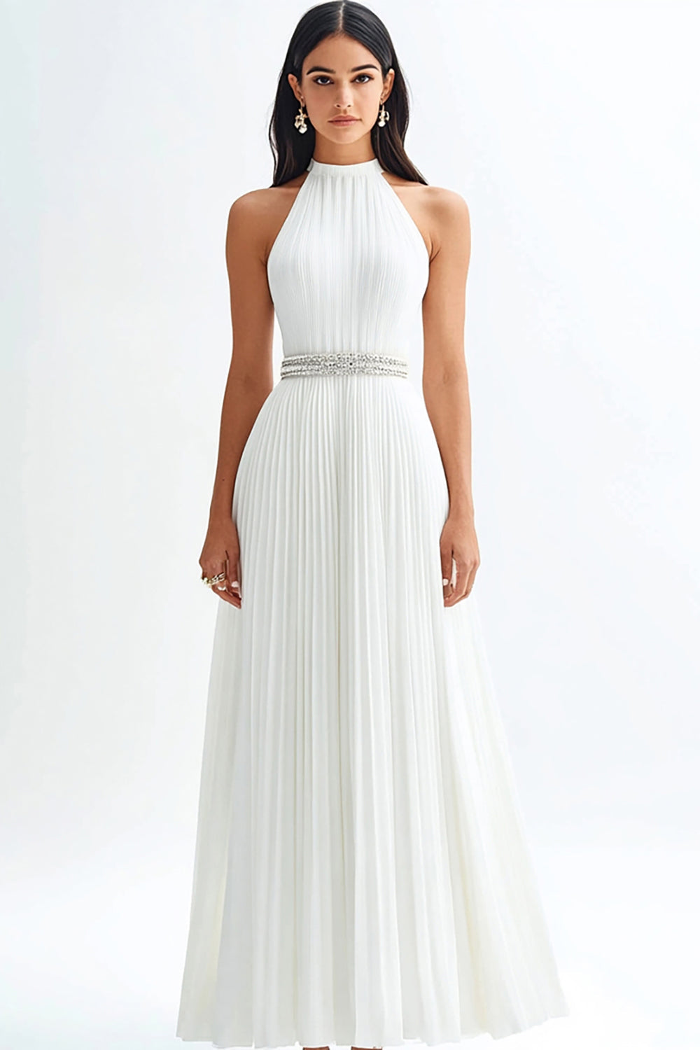 Sparkly Ivory High Neck Pleated Maxi Rehearsal Dinner Dress with Beading