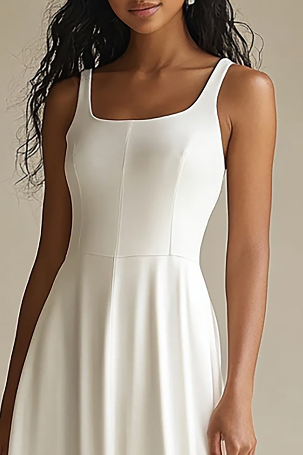 Simple Ivory Scoop Satin Midi Engagement Dress