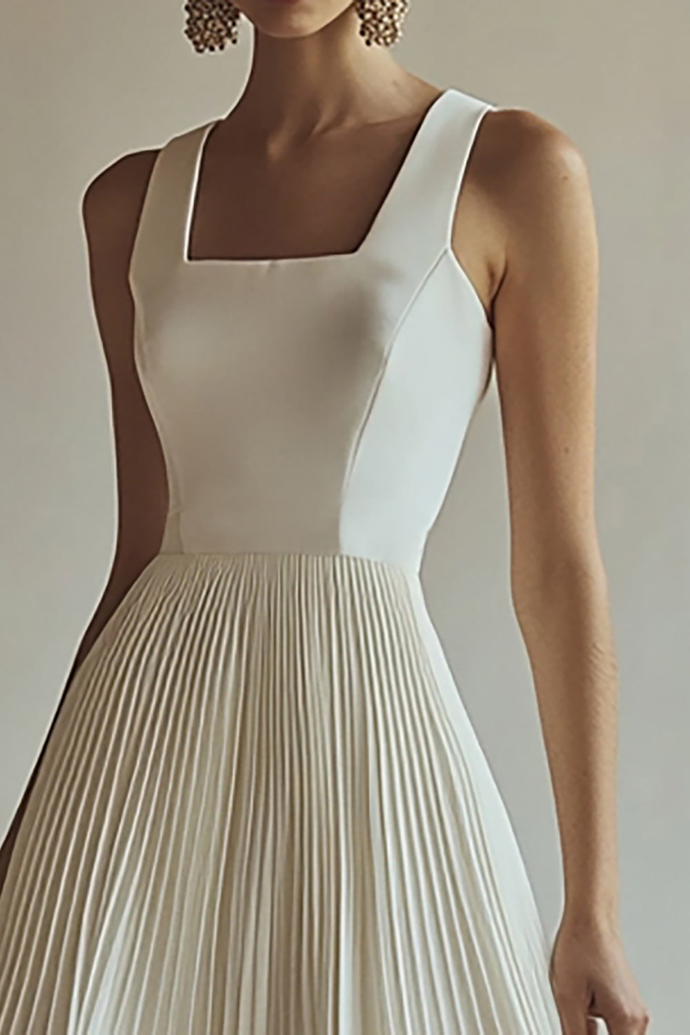 Ivory Square Neck A Line Maxi Pleated Engagement Dress