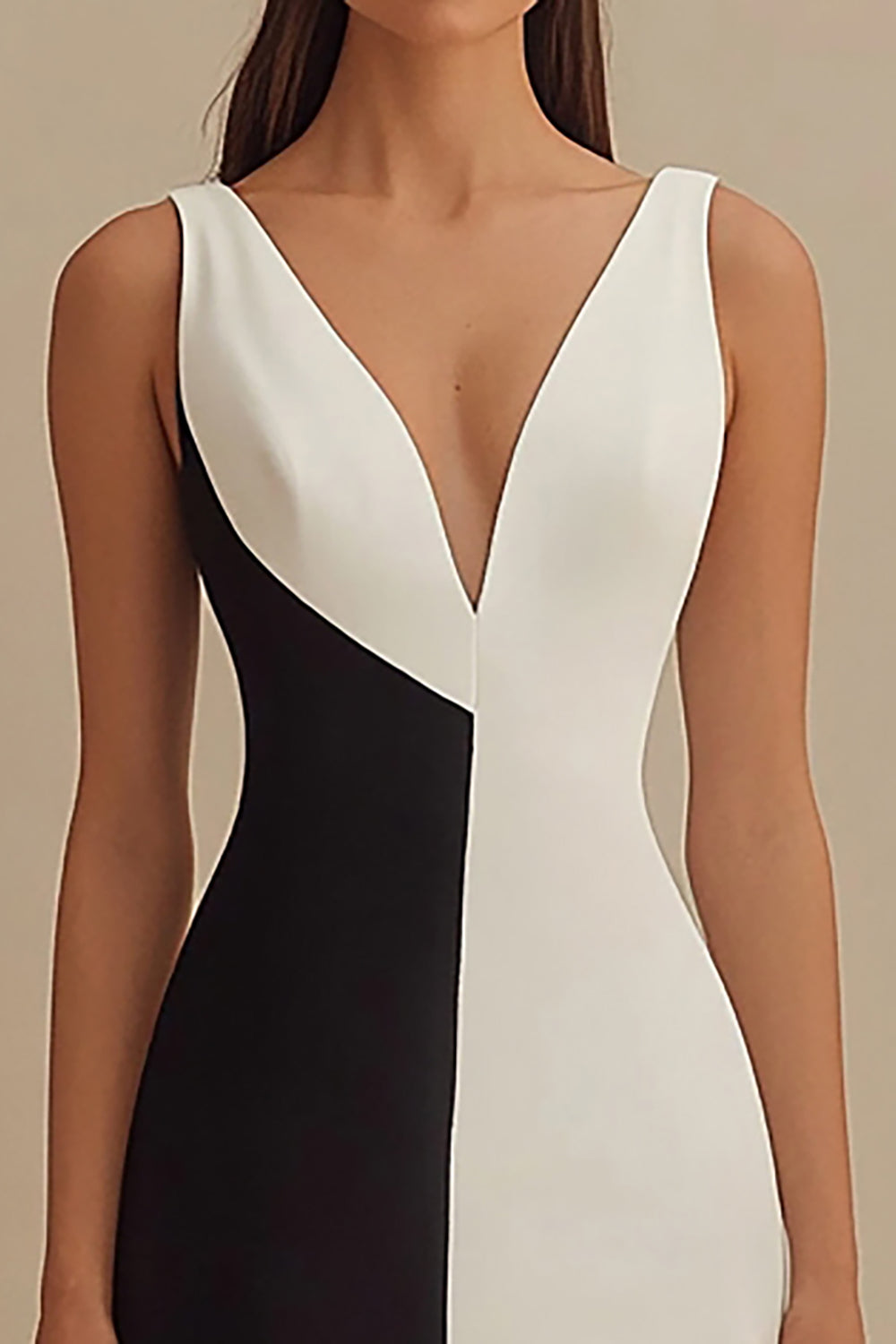 Black and White Satin V-Neck Mermaid Long Formal Dress