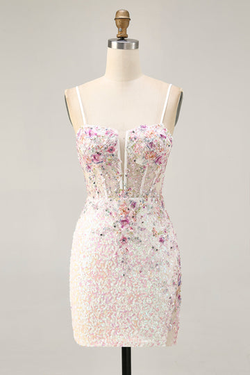 Sparkly White Floral Sequins Tight Short Corset Homecoming Dress