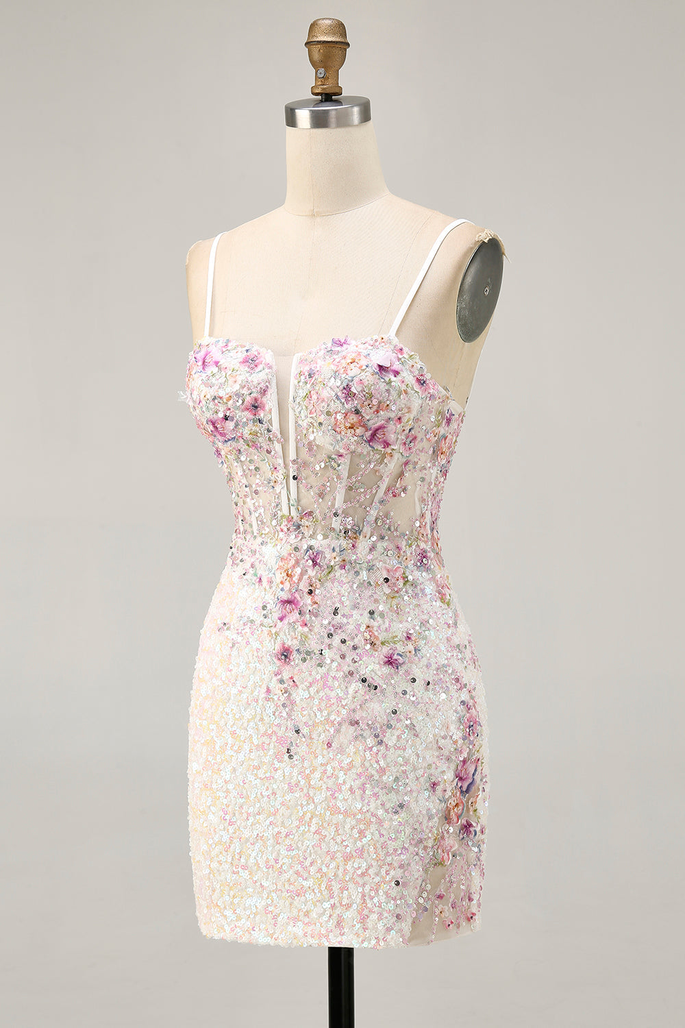 Sparkly White Floral Sequins Tight Short Corset Homecoming Dress