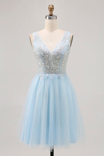 Sparkly Blue Beaded V-Neck Short Tulle Homecoming Dress
