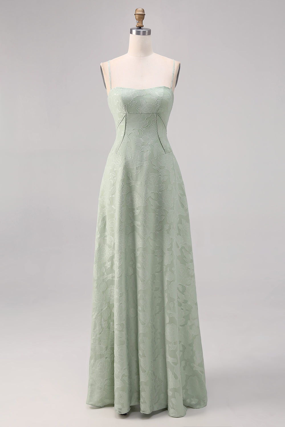 Sage Green Floral Lace Corset Spaghetti Straps Long Bridesmaid Dress