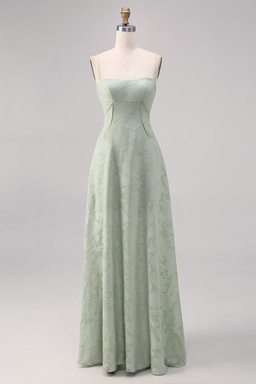 Sage Green Floral Lace Corset Spaghetti Straps Long Bridesmaid Dress
