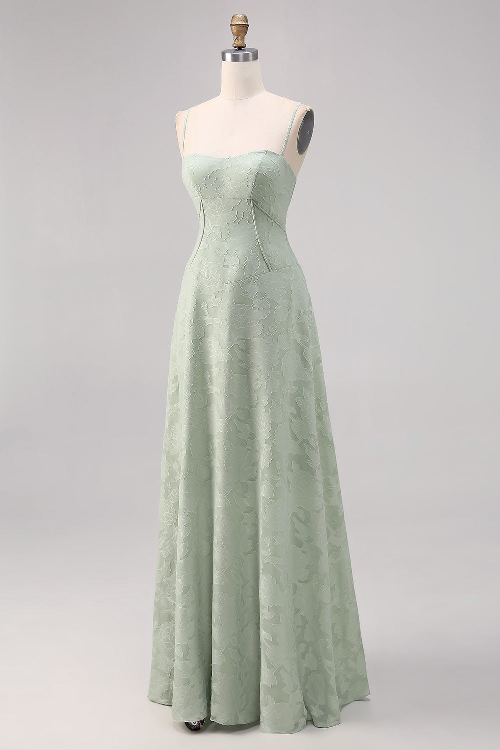 Sage Green Floral Lace Corset Spaghetti Straps Long Bridesmaid Dress