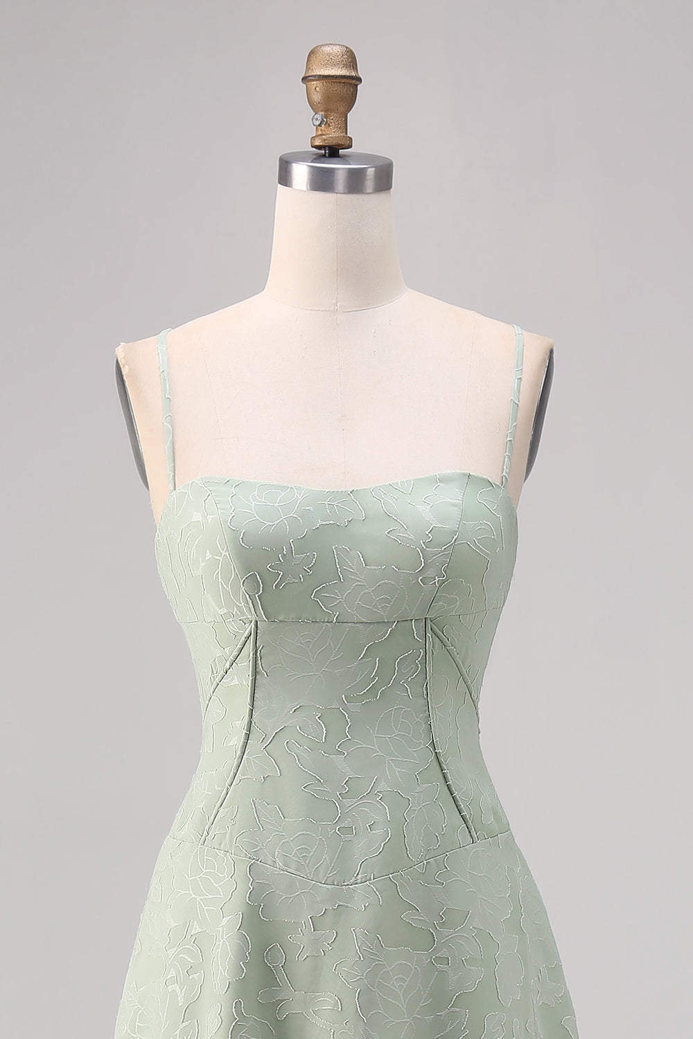 Sage Green Floral Lace Corset Spaghetti Straps Long Bridesmaid Dress