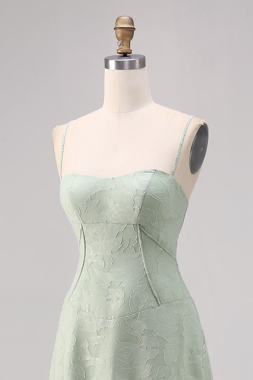 Sage Green Floral Lace Corset Spaghetti Straps Long Bridesmaid Dress