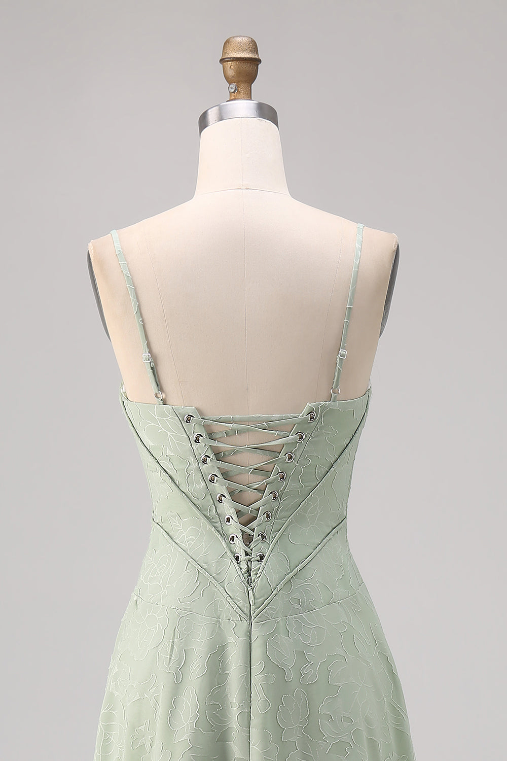 Sage Green Floral Lace Corset Spaghetti Straps Long Bridesmaid Dress