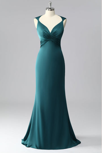 Peacock Blue V-Neck Satin Ruched Mermaid Long Prom Dress