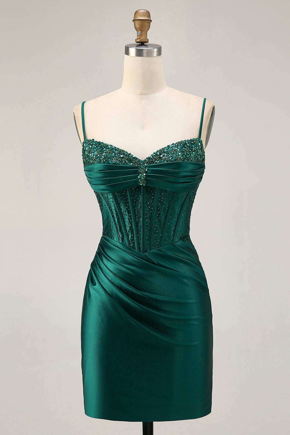 Sparkly Dark Green Corset Tight Short Satin Homecoming Dress with Beading