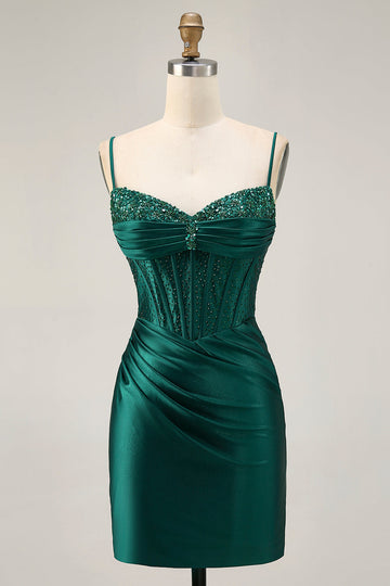 Sparkly Dark Green Corset Tight Short Satin Homecoming Dress with Beading