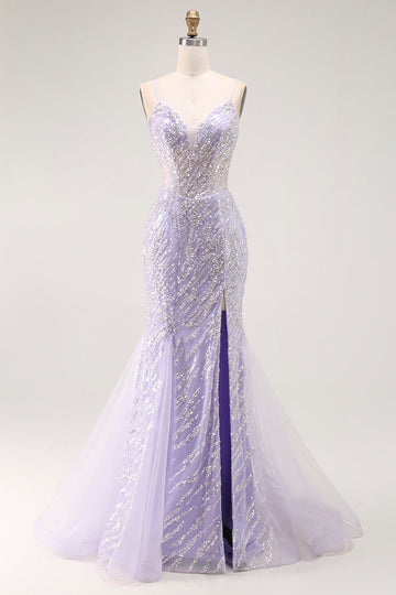 Sparkly Purple Sequins Corset Mermaid Long Prom Dress with Slit