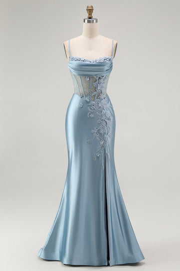 Sparkly Grey Blue Corset Appliqued Mermaid Long Prom Dress with Slit