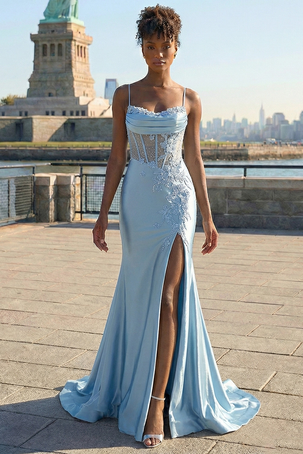 Sparkly Grey Blue Mermaid Appliqued Long Corset Prom Dress with Slit